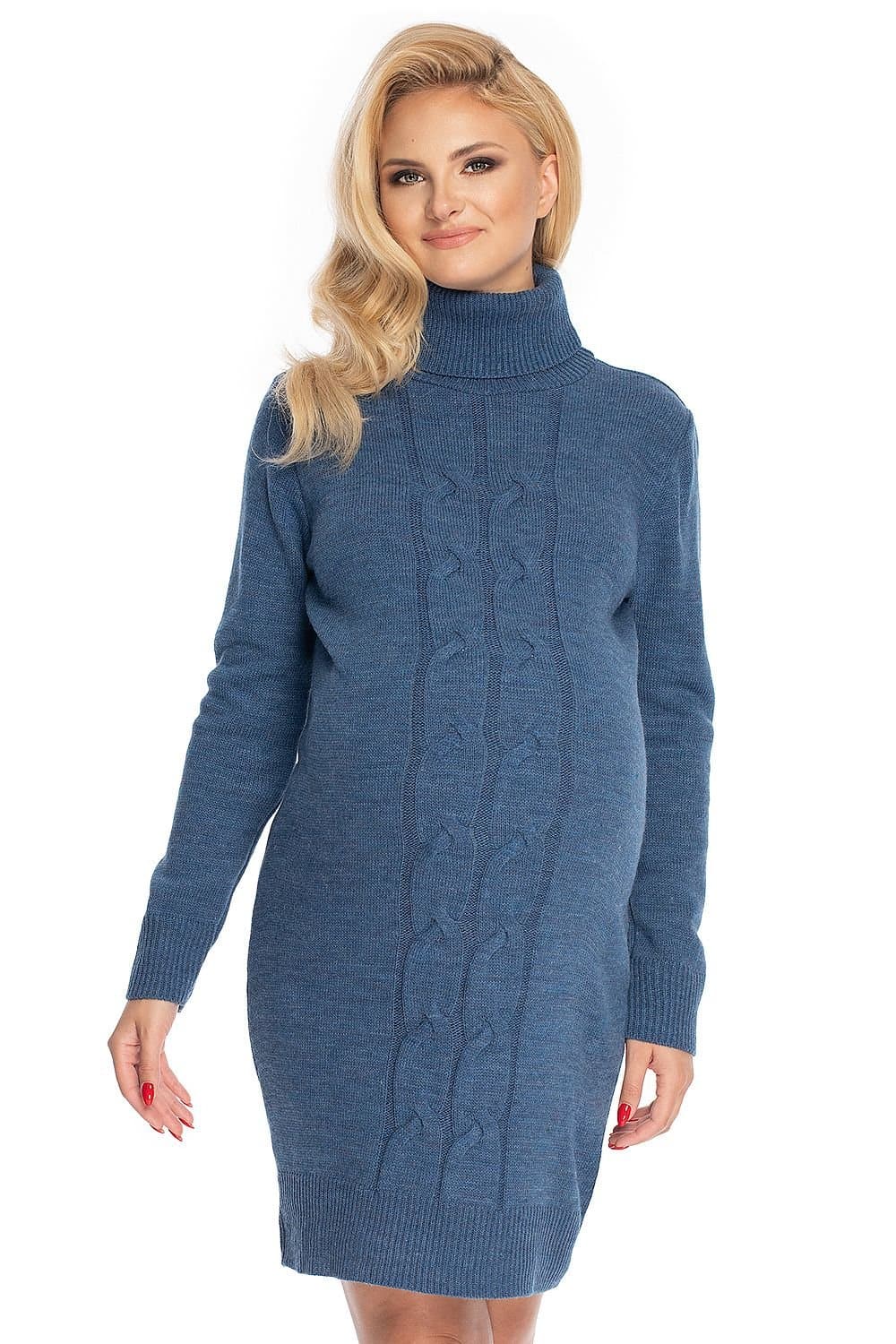 Robe de grossesse hiver bleue en maille à manches longues et col roulé pour un look confortable et élégant.