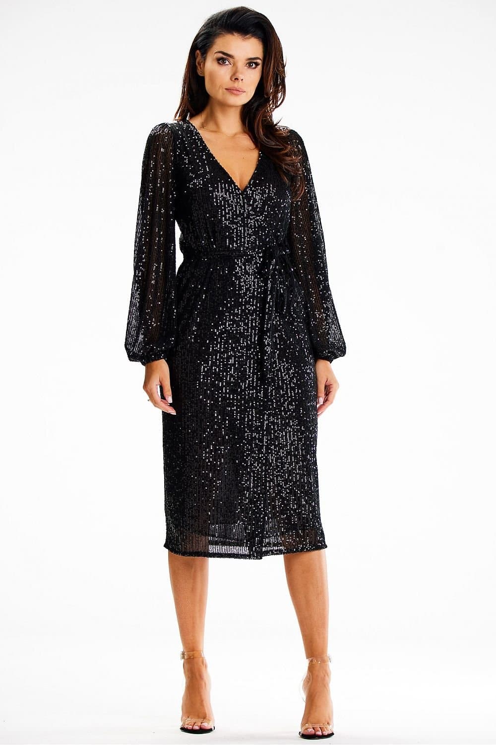 Robe de soirée portefeuille noire à paillettes, manches longues et midi, idéale pour cocktail ou nouvel an.