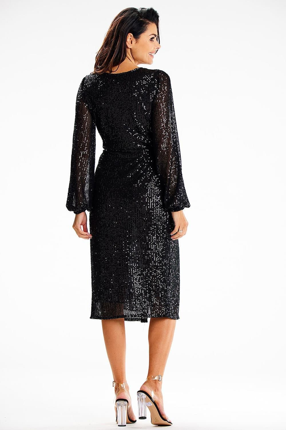 Robe de soirée portefeuille noire paillette midi manches longues pour cocktail et nouvel an.