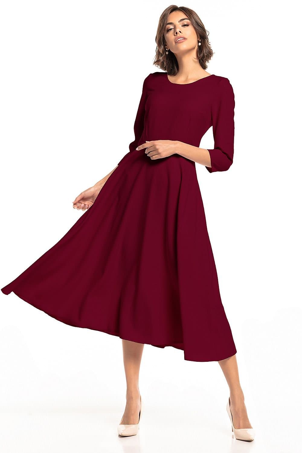 Robe de soirée habillée bordeaux manches longues midi pour événement chic ou cocktail, élégante et tendance.