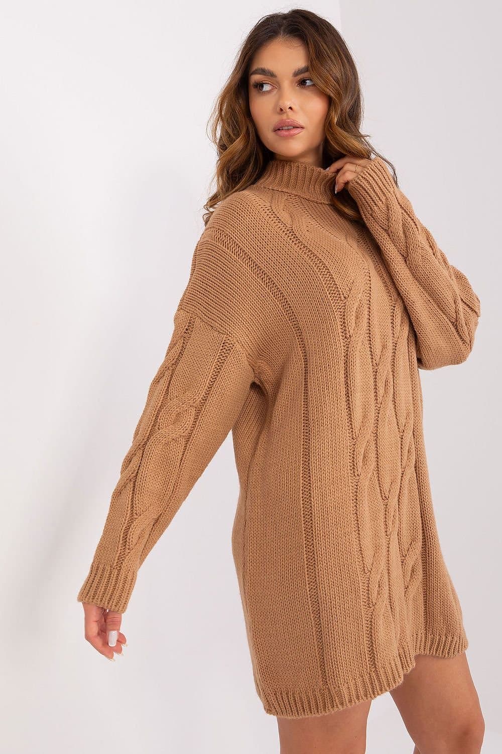 Robe pull col roulé marron style casual et confortable, idéale pour la saison hiver, coupe droite et manches longues.