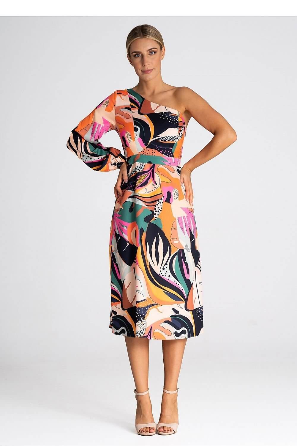 Robe une épaule dénudée cocktail asymétrique colorée pour soirée, mi-longue avec manche longue, idéale pour gala ou événement chic.