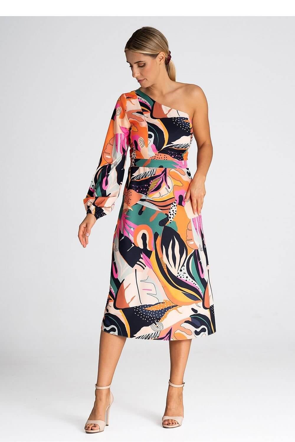 Robe à une épaule dénudée style bohème chic, midi, manches longues, motif coloré pour cocktail ou soirée.