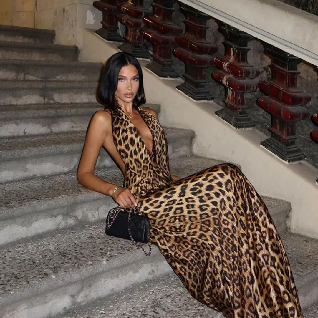 Robe longue décolletée léopard