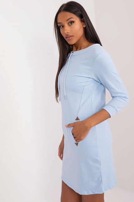 Robe casual bleue courte avec manches longues pour un look décontracté et confortable, adaptée au quotidien.