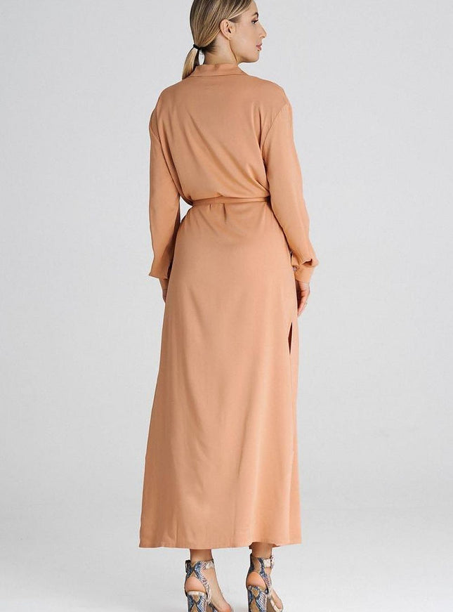 Robe chemise terracotta midi décontractée avec manches longues pour un look casual et confortable.