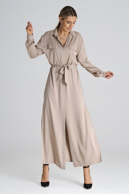 Robe chemise beige casual midi à manches longues pour un look chic et confortable pour le travail ou les sorties décontractées.