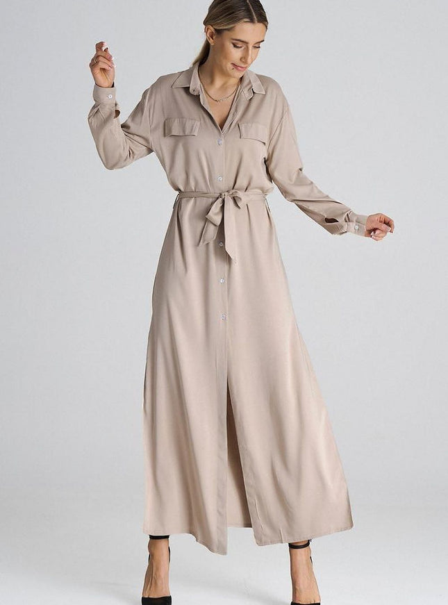 Robe chemise beige casual midi à manches longues pour un look chic et confortable pour le travail ou les sorties décontractées.