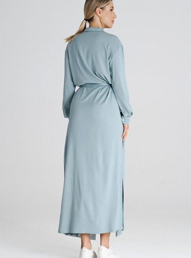 Robe chemise bleue midi casual manches longues pour un style simple et confortable.