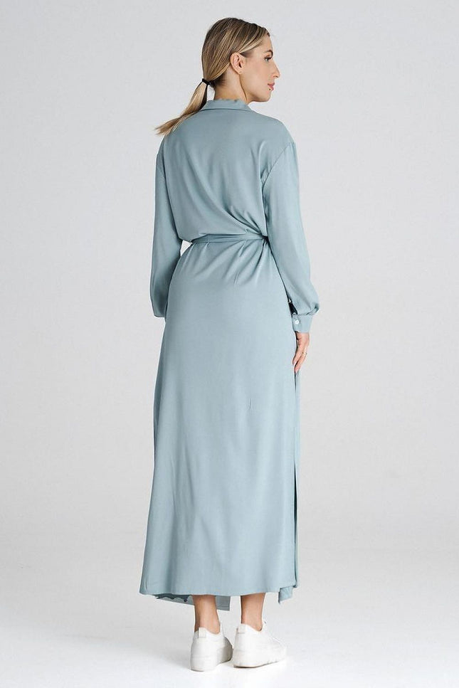 Robe chemise bleue midi casual manches longues pour un style simple et confortable.