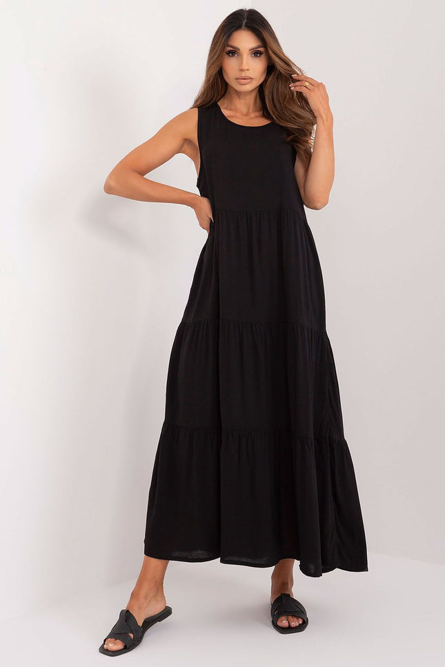 Robe casual noire fluide sans manches midi pour femmes, idéale pour une allure décontractée et élégante au quotidien.