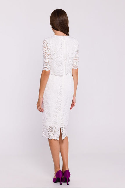 Robe dentelle blanche mariage midi chic avec manches courtes pour femme.