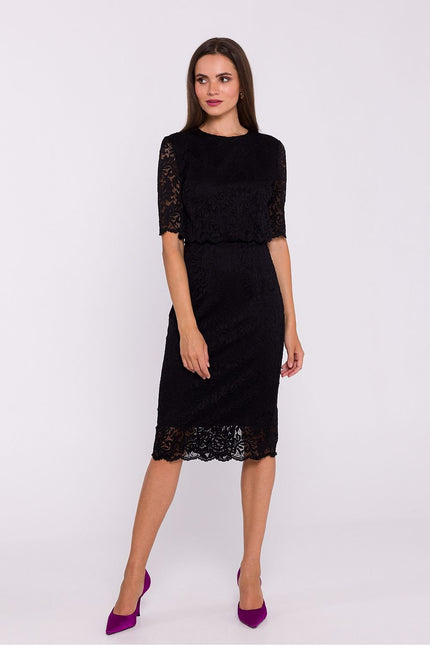 Robe noire cocktail chic dentelle manche longue midi pour femme, idéale pour soirées et événements.