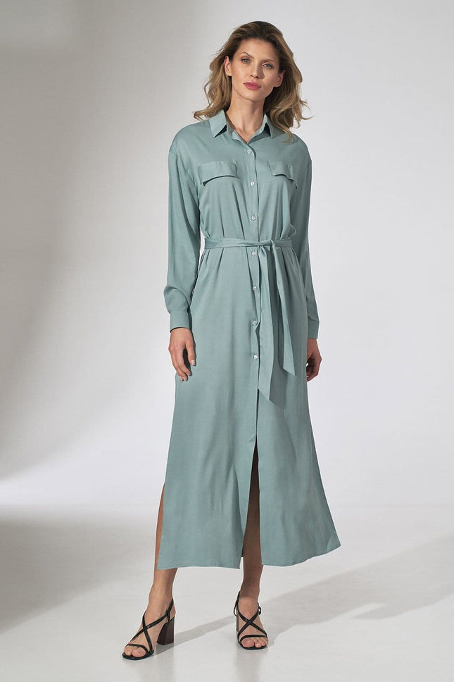 Robe chemise vert sauge midi avec ceinture pour un look casual, parfaite pour une sortie quotidienne ou un événement décontracté.