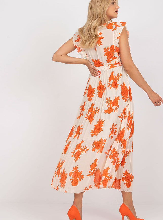 Robe d'été florale orange midi légère avec manches courtes, idéale pour un look casual ou une sortie en plage.