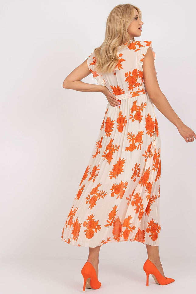 Robe d'été florale orange midi légère avec manches courtes, idéale pour un look casual ou une sortie en plage.