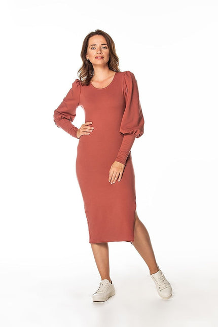 Robe terracotta midi à manches longues, style simple et chic pour cocktail ou soirée, silhouette droite, pour femme moderne.