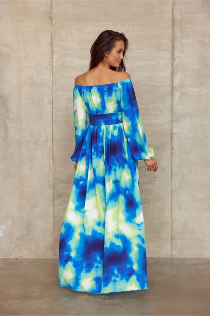 Robe bohème longue bleue et verte à manches longues idéale pour soirée, événement gala ou mariage.