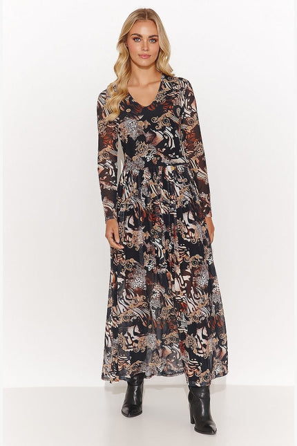 Robe champêtre longue à manches longues et imprimé floral en noir et terracotta, parfaite pour une soirée automnale.