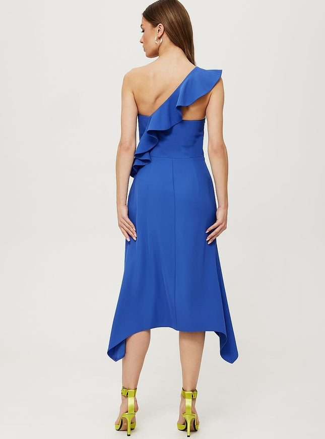 Robe soirée asymétrique bleue sans manches pour cocktail et nouvel an, chic et élégante pour femme moderne.