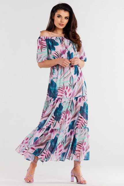 Robe soirée épaules dénudées motif floral colorée midi pour cocktail et gala, manches courtes et silhouette trapèze.