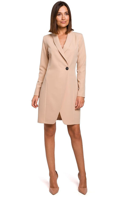 Robe blazer beige midi chic idéale pour cocktail ou travail avec manches longues et coupe droite.