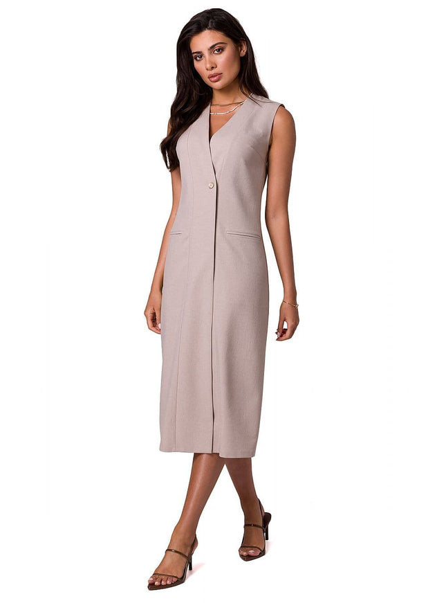 Robe blazer beige midi sans manches, idéale pour cocktail ou travail, style chic et épuré avec silhouette droite.