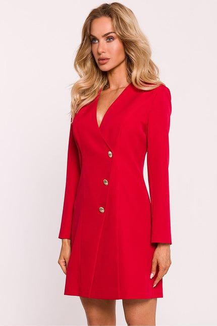 Robe rouge élégante midi à manches longues et col V, idéale pour cocktail ou soirée chic.