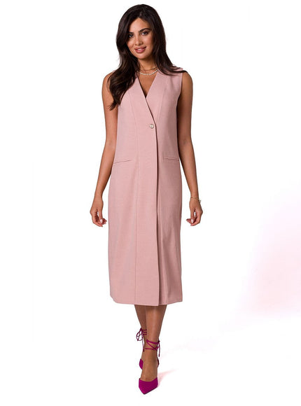 Robe cocktail rose midi sans manches pour femme élégante et moderne, idéale pour soirées et événements spéciaux.