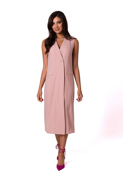 Robe cocktail rose midi sans manches pour femme élégante et moderne, idéale pour soirées et événements spéciaux.