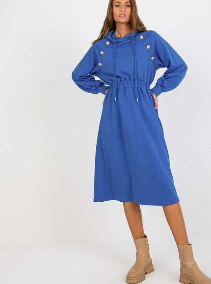 Robe bleue casual midi à manches longues avec capuche et détails boutons pour un look quotidien décontracté et tendance.