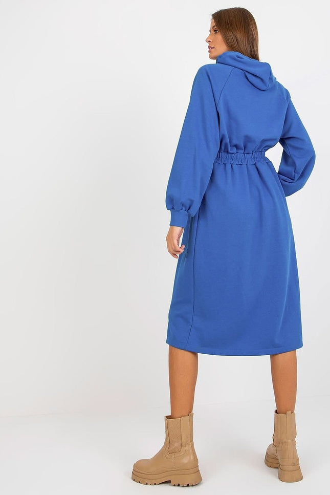 Robe bleue casual midi à manches longues avec capuche, idéale pour un style décontracté quotidien.