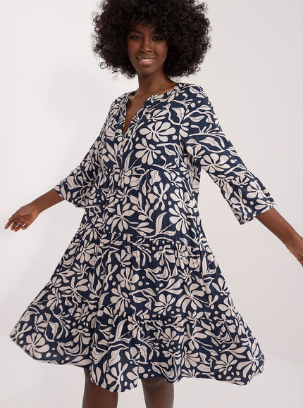 Robe bleue fleurie midi à manches longues casual pour femme, idéale pour une sortie quotidienne ou un événement décontracté.