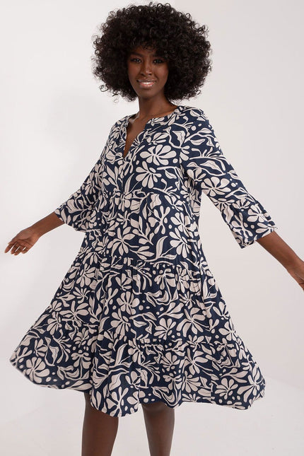 Robe bleue fleurie midi à manches longues casual pour femme, idéale pour une sortie quotidienne ou un événement décontracté.