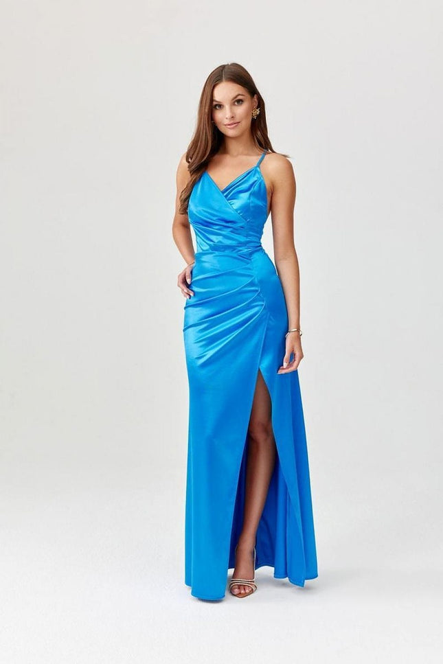 Robe soirée bleue longue fendue avec dos ouvert, idéale pour mariage, événement gala ou cérémonie.