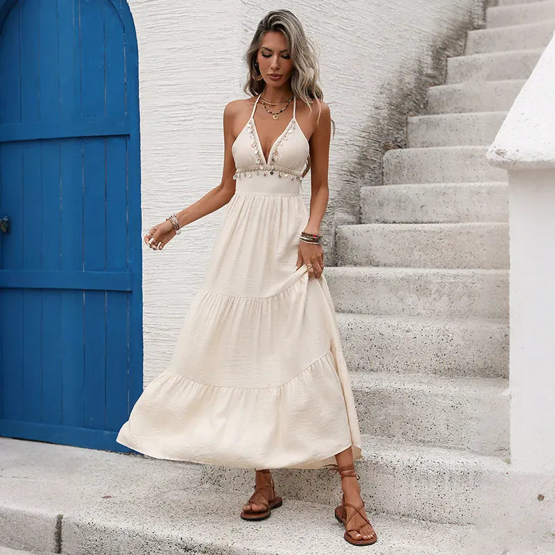 Robe bohème beige longue avec décor de coquillages