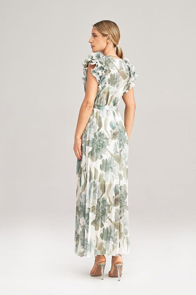 Robe bohème fleurie vert sauge longue à manches courtes idéale pour une soirée ou un mariage champêtre.