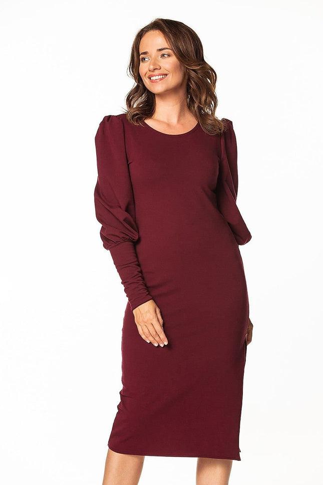 robe bordeaux midi chic à manches longues pour cocktail ou soirée, élégante et tendance, idéale pour événements spéciaux