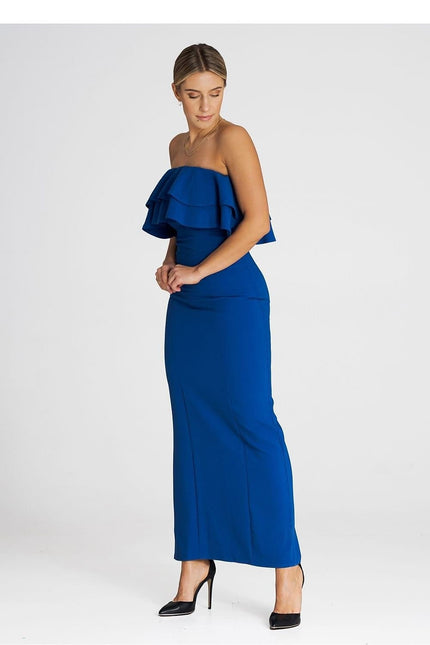 Robe bustier bleue chic et longue parfaite pour soirée, mariage ou cocktail, avec silhouette trapèze flatteuse.