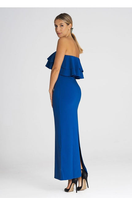 Robe bustier bleue chic longue sans manches pour soirée, cocktail ou mariage invité, silhouette moulante avec fente arrière.