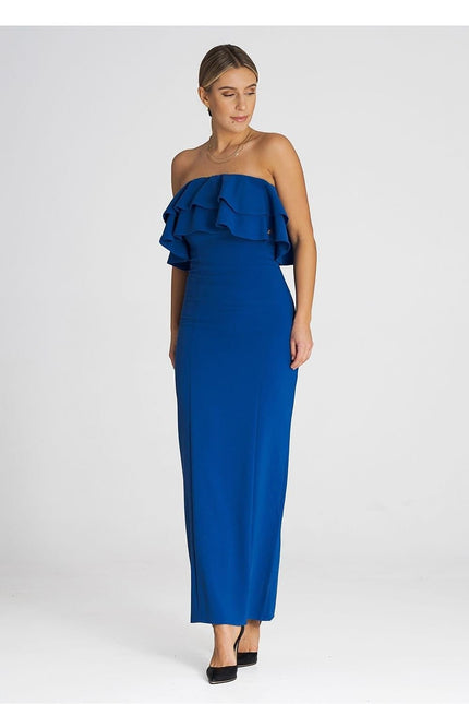 Robe bustier bleue chic longue pour soirée, élégante avec volant, parfait pour cocktail et mariage, sans manches.