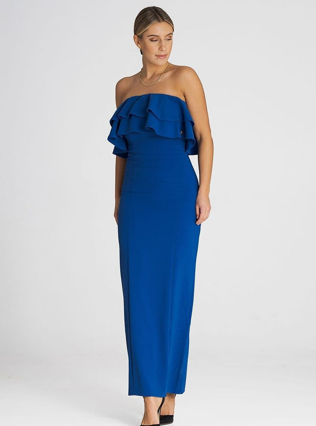 Robe bustier bleue chic longue pour soirée, élégante avec volant, parfait pour cocktail et mariage, sans manches.