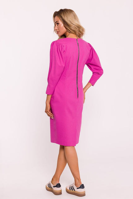 Robe rose midi décontractée à manches longues pour cocktail ou soirée simple, avec fermeture éclair.