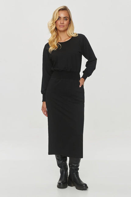 Robe noire midi soirée chic manches longues droite pour femme élégante