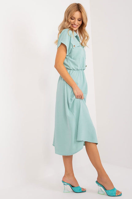 Robe vert sauge midi casual à manches courtes et col à revers pour une allure décontractée et chic.