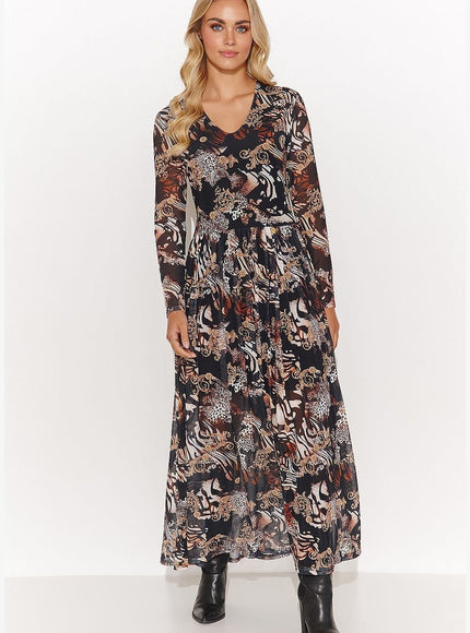 Robe champêtre longue à manches longues et imprimé floral en noir et terracotta, parfaite pour une soirée automnale.