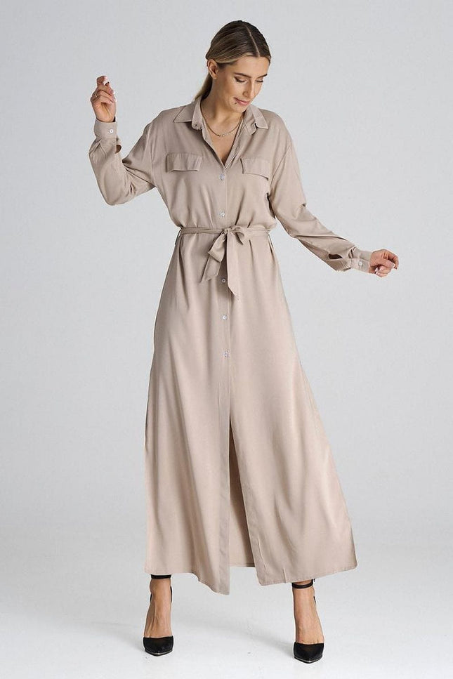 Robe chemise beige casual midi à manches longues pour un look chic et confortable pour le travail ou les sorties décontractées.