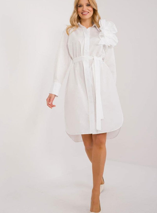 Robe chemise blanche élégante à manches longues et ceinture, style casual chic, idéale pour le travail ou une soirée simple.