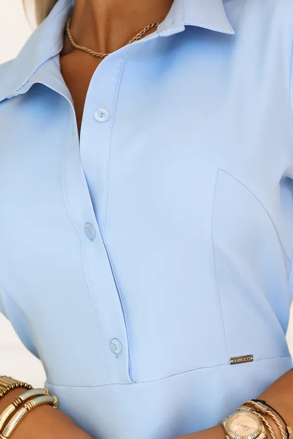 Robe chemise bleue manches trois-quarts