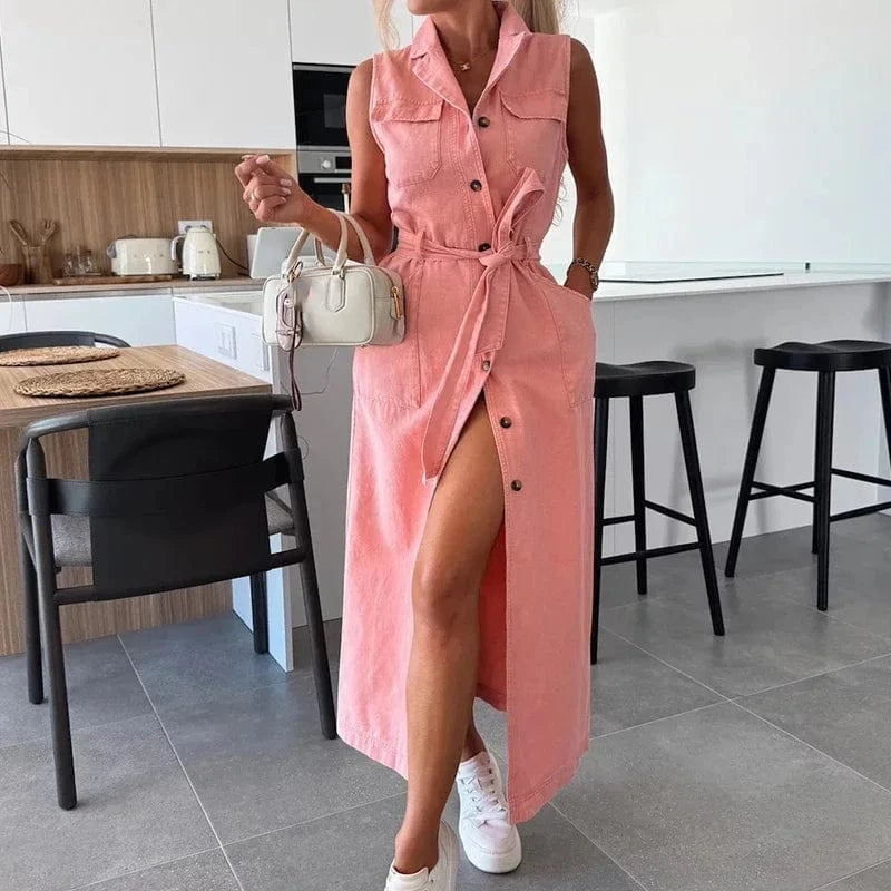 Robe chemise en jean longue sans manches